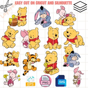 Layered Baby Pooh Bundle, sofortiger Download, Bundle für Cricut, Silhouette Vektor SVG PNG DXF geschnitten Datei