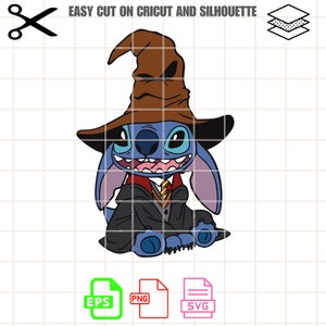 Könnte beinhalten: Blaue Stitch-Figur, die einen braunen Zaubererhut und eine schwarze Robe mit einer rot-gelben Krawatte trägt.