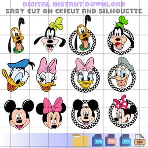 Puede incluir: Un conjunto de 12 archivos de corte digital que presentan varios personajes de Disney, incluidos Mickey Mouse, Minnie Mouse, Donald Duck, Daisy Duck, Goofy y Pluto. Los personajes se representan en un estilo de dibujos animados con un fondo a cuadros.