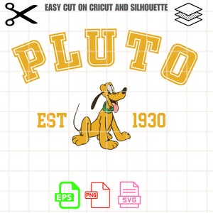 May include: A yellow and white graphic design featuring Pluto the dog from Disney. The design says "Pluto Est 1930" in a yellow block font.
