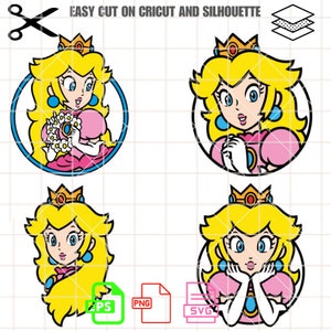 Könnte beinhalten: Vier digitale Illustrationen von Prinzessin Peach aus der Super Mario Videospielserie. Die Illustrationen sind im Cartoon-Stil gehalten und zeigen Prinzessin Peach in verschiedenen Posen. Die Illustrationen befinden sich in einem Kreis mit rosa Hintergrund und blauem Umriss. Die Illustrationen sind im Vektorformat und können für kommerzielle Zwecke verwendet werden.