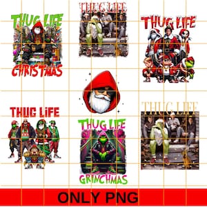 Puede incluir: Una colección de arte digital con la frase "THUG LIFE" en varios diseños. Las imágenes incluyen a Papá Noel, el Grinch y otros personajes al estilo gángster, con las palabras "CHRISTMAS" y "GRINCHMAS" también mostradas.