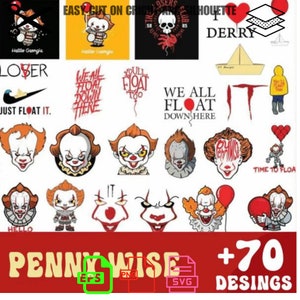 May include: A digital download of 70+ Pennywise designs, including a variety of images of the character from the movie IT. The designs are available in EPS, PNG, and SVG formats. The text "Pennywise +70 Designs" is displayed in red and white.