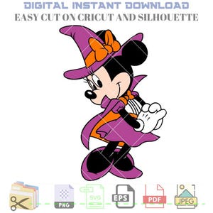 May include: A cartoon illustration of a mouse character dressed as a witch for Halloween. The mouse wears a purple witch hat with an orange bow, a purple cape, and a matching dress. The image includes the text "DIGITAL INSTANT DOWNLOAD EASY CUT ON CRICUT AND SILHOUETTE."