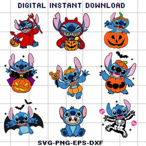 Puede incluir: Descarga digital con nueve ilustraciones de dibujos animados de Stitch con disfraces de Halloween. Stitch se representa como un diablo, un vampiro y un esqueleto, y también con trajes con temática de calabaza. El texto "DESCARGA DIGITAL INSTANTÁNEA" y "SVG-PNG-EPS-DXF" están arriba y abajo.