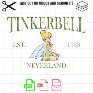 May include: Green and white Tinkerbell graphic with the text "Tinkerbell" in green, "Est. 1953" in green, and "Neverland" in green. The graphic also includes a cartoon image of Tinkerbell.