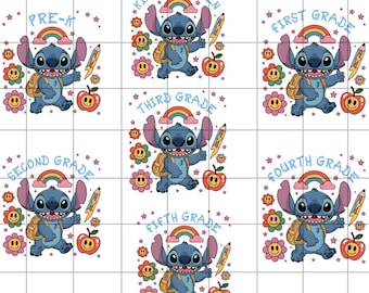 Może przedstawiać: Cyfrowe natychmiastowe pobieranie z postacią Stitcha z filmu Lilo & Stitch, z tekstem na poziomie klasy. Każdy projekt zawiera tęczę, jabłko, ołówek i kwiaty. Klasy obejmują przedszkole, od 1 do 5 klasy. Tekst "ONLY PNG" znajduje się na dole.