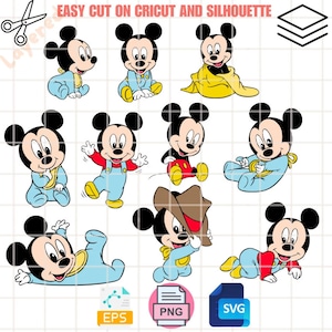 Può includere: Nove diversi file di taglio digitale di Topolino bambino in varie pose. I file sono in bianco e nero e sono pronti per essere tagliati su una macchina Cricut o Silhouette.