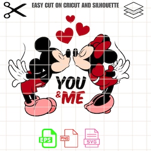 May include: Red and black cartoon image of Mickey Mouse and Minnie Mouse kissing with the text "You & Me" in red letters.