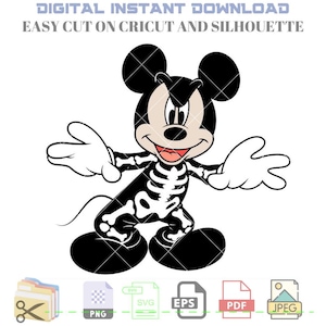 Op de afbeelding: Een zwart-witte illustratie van Mickey Mouse verkleed als skelet. Hij draagt een skeletkostuum met een ondeugende grijns. De afbeelding is geschikt voor Halloween-knutselwerk en decoraties.