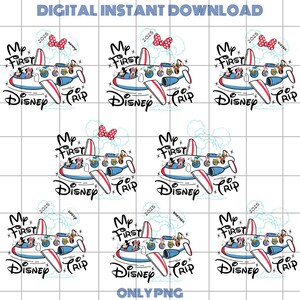 May include: Digital instant download featuring a cartoon airplane with Disney characters. The plane is white, red, and blue, with the text "My First Disney Trip" and "2025". Includes a Minnie Mouse bow.