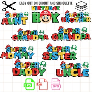 Super Mario Geburtstagsfamilie SVG Bundle Digitale Datei, Super Mario svg, Super Mario svg, Mario Bros svg, Cricut, Silhouette Vektorschnittdatei