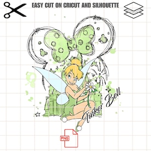 May include: A green and white digital illustration of Tinker Bell, a fairy from the Disney movie Peter Pan, sitting on a green castle with a green bow and the words "Tinker Bell" and "Bell" written in black.