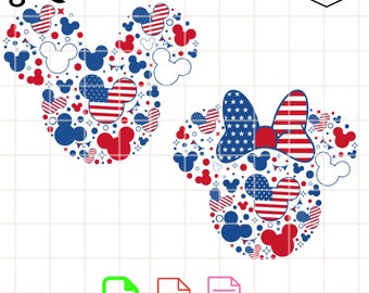 Patriotic Stars Mickey & Minnie Bundle Svg, 4th of July Svg, Independence Day Svg, Kawaii Svg, Cricut, Silhouette Vector Cut File