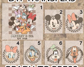 Retro Mickey And Co Est. 1928 DTF Transfer, Disney Mouse and Friends Checkered Ready To Press DTF, Disney Back And Pocket Design DTF Print