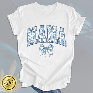 Mama Shirt: Blue Toile Floral Tee with Coquette Bow