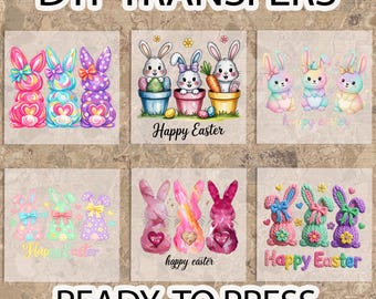 Triple Easter Bunny DTF Transfer, Happy Easter Iron On Heat Transfer, Brushstroke Faux Yarn Coquette Easter Bow Ready To Press DTF
