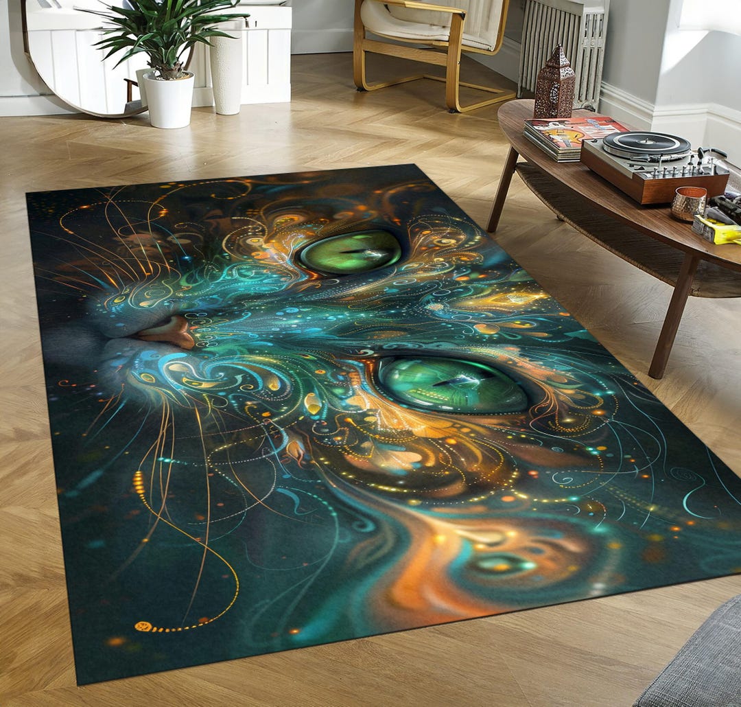 Mystical Green Eyed Cat Runner Rug Ethereal Gold Swirl Pattern Carpet ...