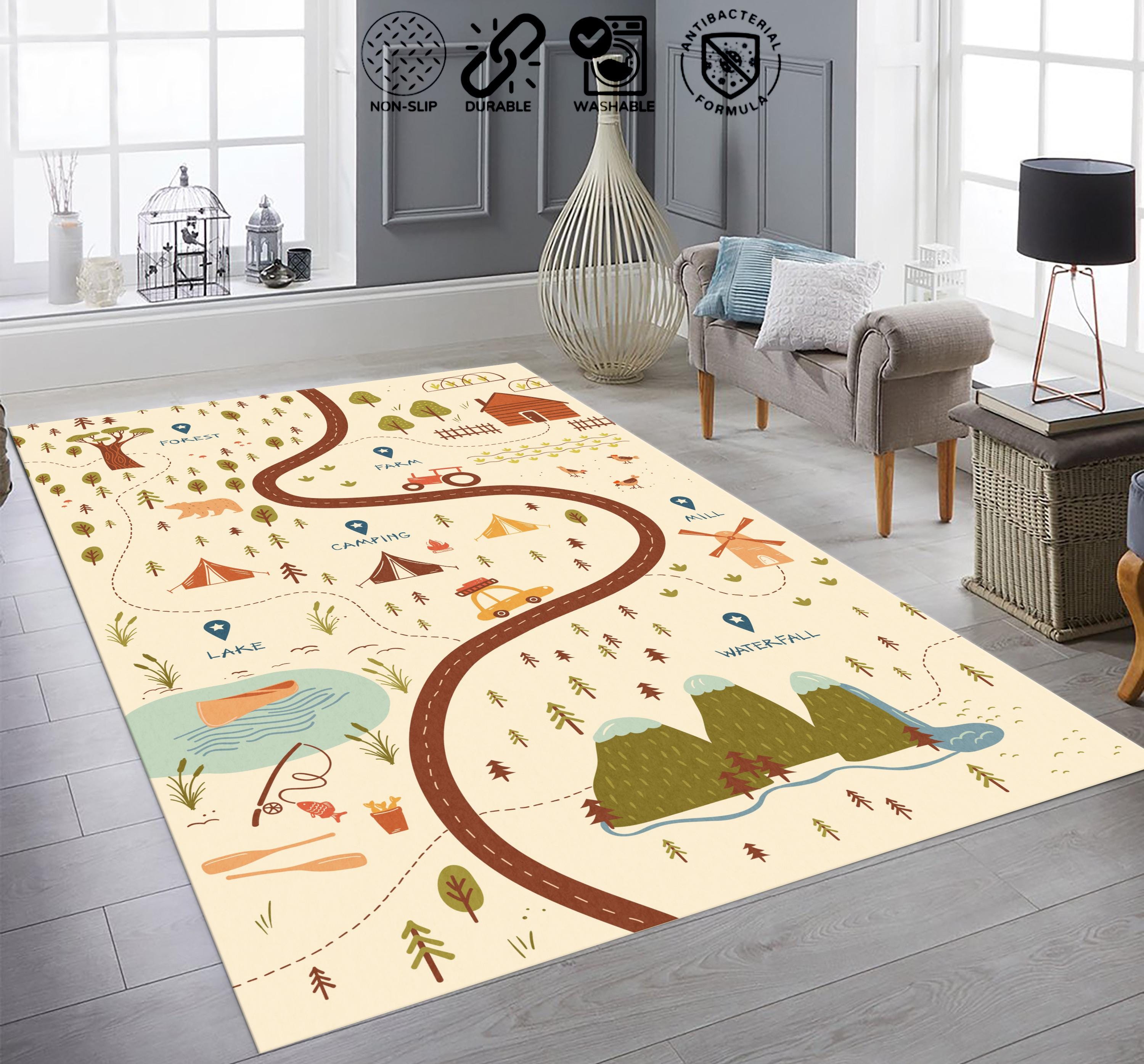 Adventure Road Map Kids Rug Forest Camping Farm Nursery Carpet Playroom ...