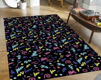 Arcade Room Carpet: Retro 80s Memphis Style (Abstract, Non-Slip)