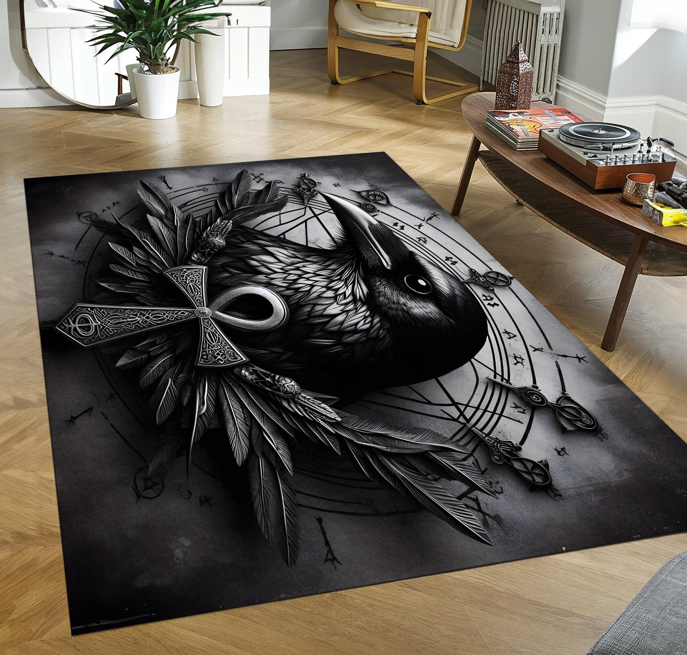 Gothic Raven Ankh Rune Rug Dark Crow Occult Symbol Black Silver Living ...