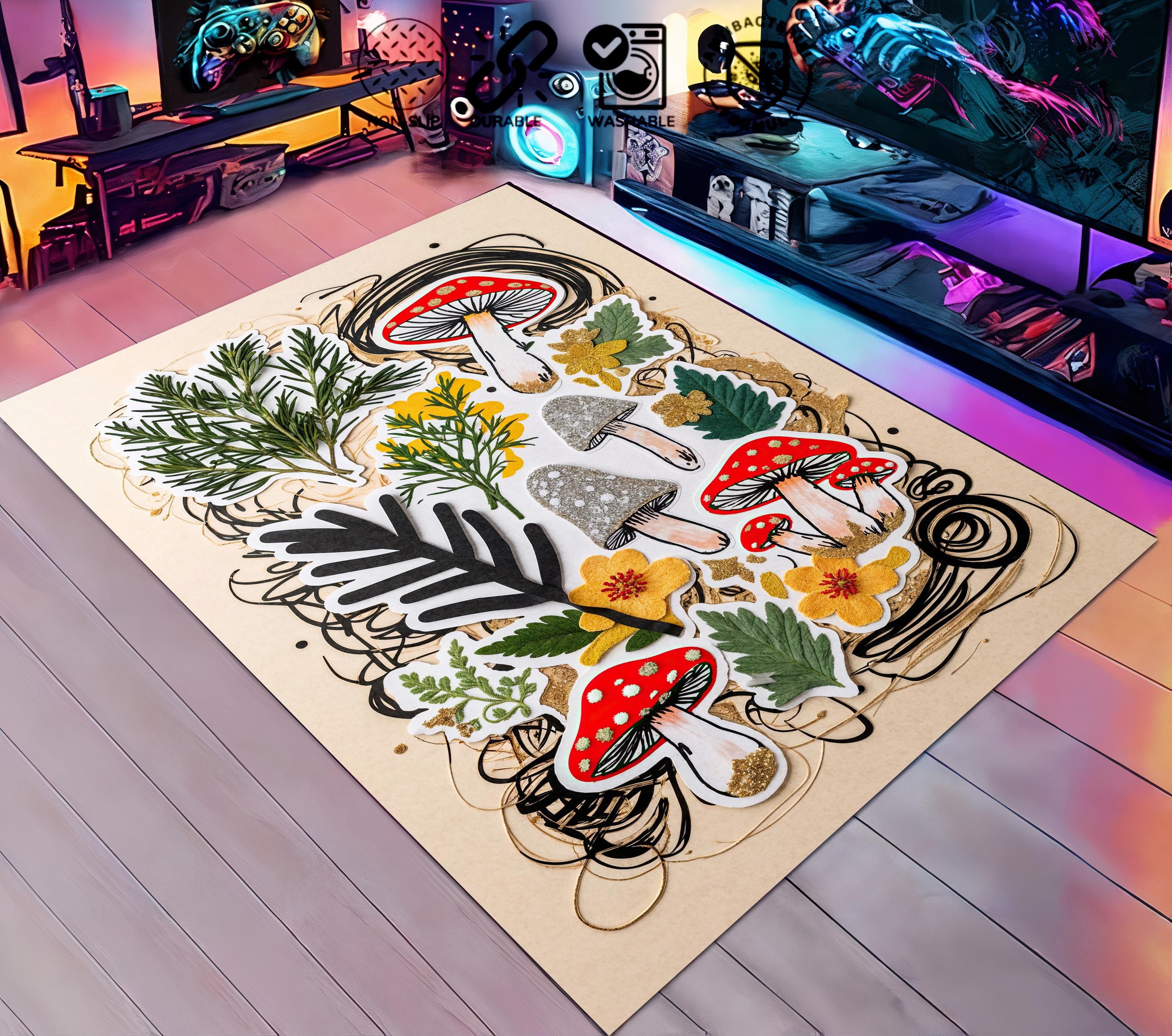 Colorful Rug Sticker Botanical Mushroom Collage Rug Vintage Forest Sticker Art Bedroom ...