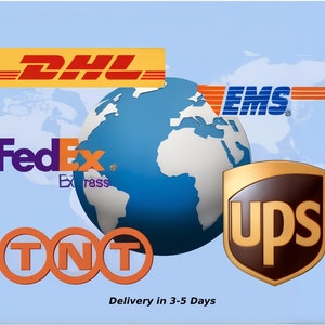 May include: A graphic showing the logos of five major shipping companies: DHL, FedEx, EMS, UPS, and TNT. The logos are arranged around a blue globe with a white map of the world. The text "Delivery in 3-5 Days" is below the globe.