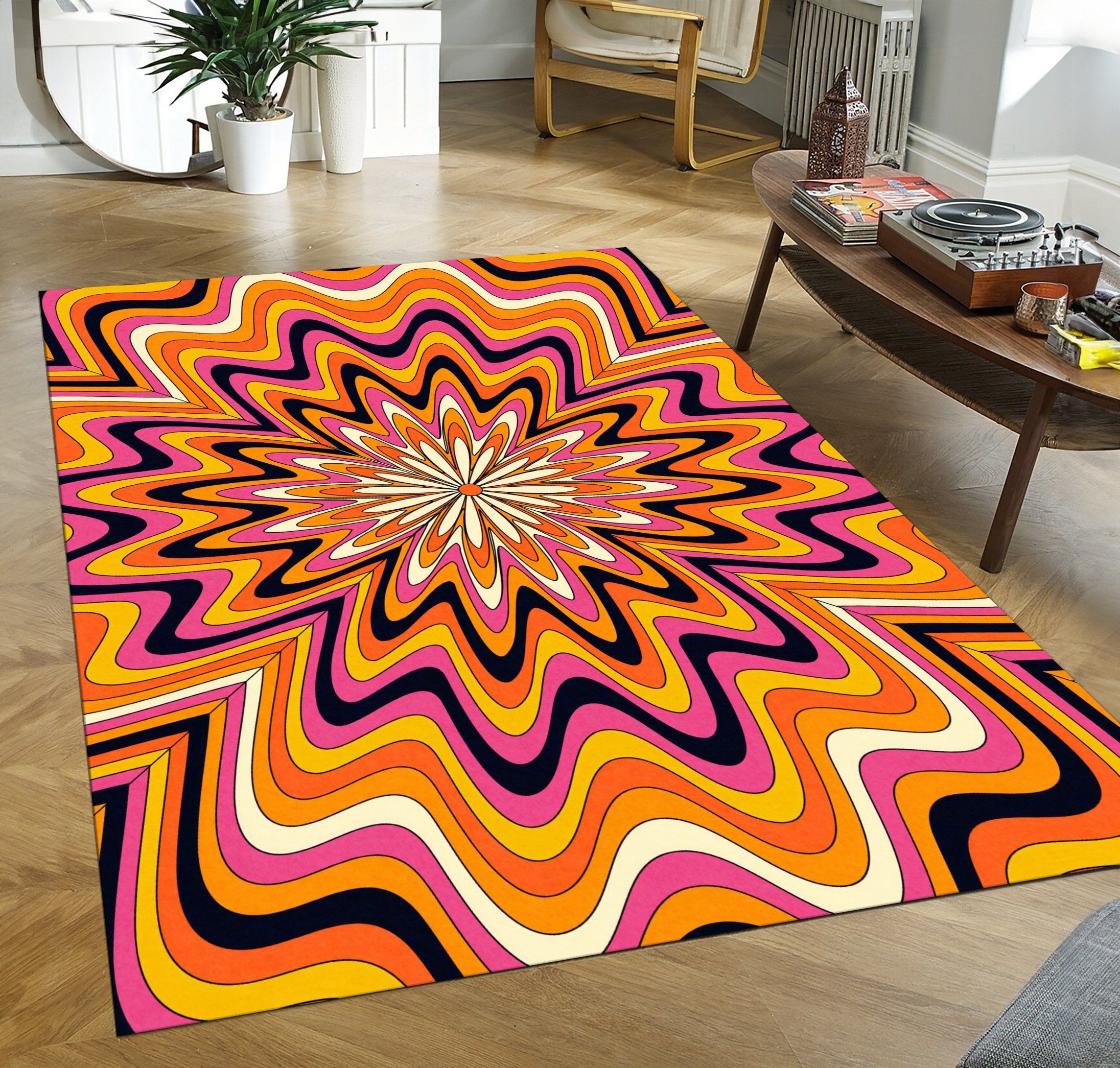 Retro Looking Rug Retro Shag Rug, Psychedelic Floral (70s Style, Non-slip) - Etsy