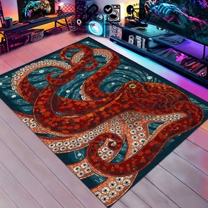 Octopus Printed Area Rug, Octopus Area Rug, Home Decor, Octopus Rug for Living Room, Bedroom Beach House Decor Carpet, Housewarming Gift