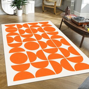 Alfombra retro con estampado geométrico de círculos naranjas, estilo moderno de mediados de siglo, estilo Bauhaus, para sala de estar.