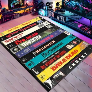 Movie Room Rug, VHS Case Themed Horror, Classic Horror Movies Rug, 80's Nostalgic Rug, Nostalgic Retro Style Rug, Home Theater TV Room Rug