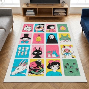 May include: A rectangular white area rug featuring colorful cartoon character illustrations. The rug has a grid pattern with various characters in pink, blue, and green squares. The rug is placed on a hardwood floor.