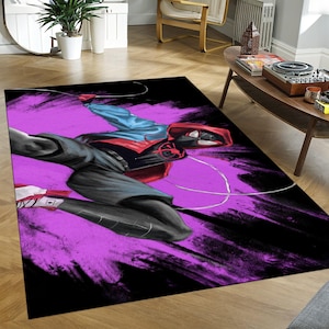 May include: A rectangular area rug featuring a dynamic illustration of a superhero in a red and black suit with a blue jacket, set against a vibrant purple and black background. The rug is designed with a comic book style.