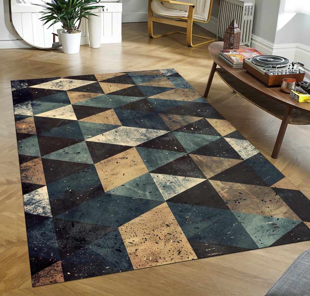 Navy Beige Vintage Triangle Pattern Rug Geometric Mosaic Living Room ...