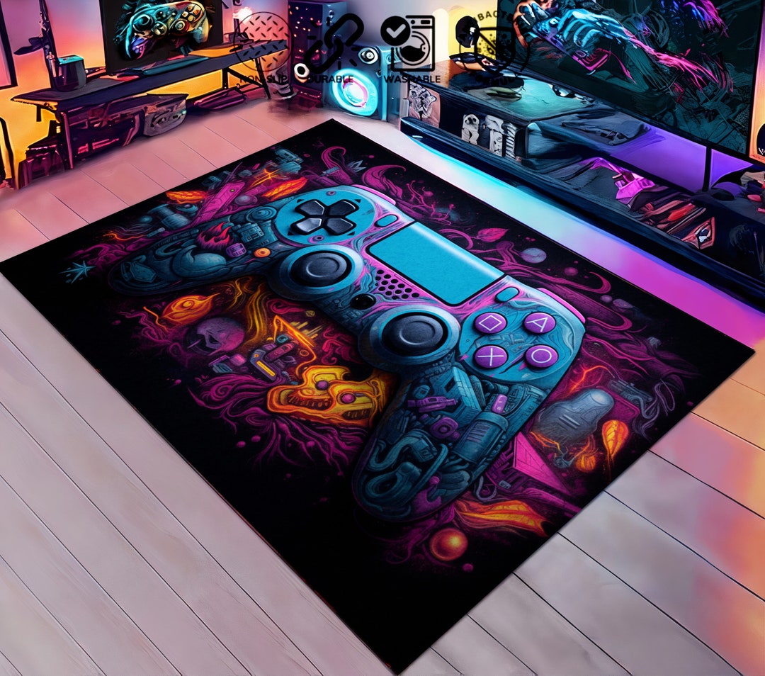 Computer Gaming Room Rug Neon Retro Gaming Rug - Bright Controller Design for Computer Rooms - Etsy