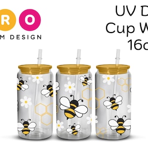 UV DTF Cup Wrap 16oz  Ready to Peel and Apply Honeybees and Daisies flowers Spring Designs Glass Cup Tumblers