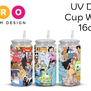 UV DTF Cup Wrap 16oz Ready to Peel and Apply Mouse Princess and More Characters Glass Cup Tumblers