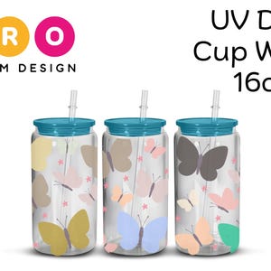 UV DTF Cup Wrap 16oz  Ready to Peel and Apply Colorful Cute Butterflies Designs Glass Cup Tumblers