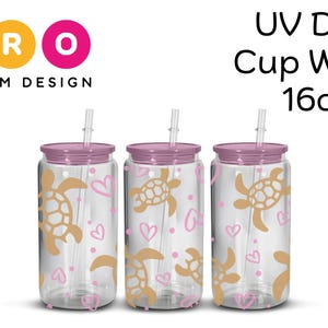 UV DTF Cup Wrap 16oz  Ready to Peel and Apply Sea Turtles and Hearts Summer Designs Glass Cup Tumblers