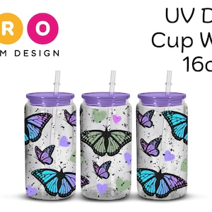 UV DTF Cup Wrap 16oz  Ready to Peel and Apply Colorful Cute Butterflies Designs Glass Cup Tumblers