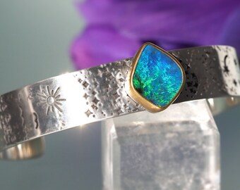 Australian Boulder Opal Cuff Bracelet - Sterling Silver cuff bracelet with 22K Gold - Artisan sea turtle Opal Cuff Bracelet stars sun