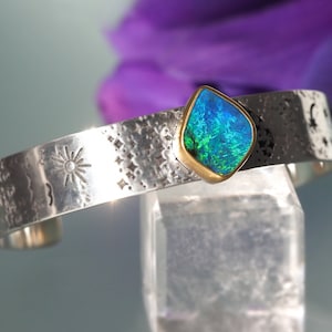 Australian Boulder Opal Cuff Bracelet - Sterling Silver cuff bracelet with 22K Gold - Artisan sea turtle Opal Cuff Bracelet stars sun