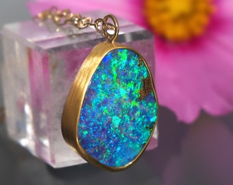Gold Australian Opal Necklace - 18K 14K Rose 22K Gold Boulder Opal Pendant - Solid Gold Opal necklace - Opal Anniversary Necklace