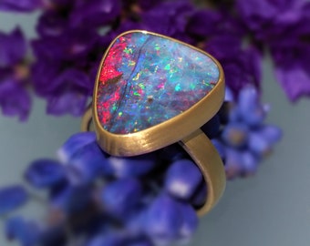 Size 7 - Gold Australian Opal Ring - 18K 14K Rose 22K Gold Boulder Opal Ring - Solid Gold Opal ring - Opal Promise Ring - Engagement Ring
