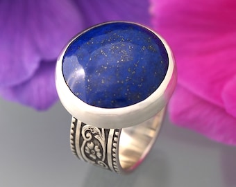 Size 8 Lapis Lazuli Ring - sterling silver and fine silver - round lapis lazuli with pyrite - wide band flowers