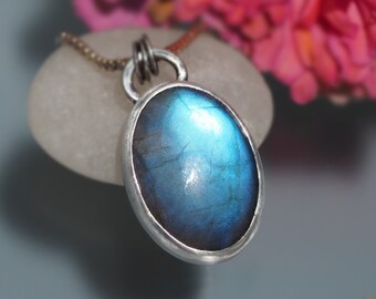 Sterling Silver Labradorite Necklace - blue Labradorite pendant with flower and butterfly - distressed labradorite necklace