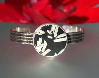 Chinese Writing Stone Cuff Bracelet - Sterling Silver cuff bracelet - unisex rustic bracelet