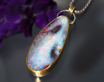 Australian Opal Necklace Sterling Silver with 22K Gold - Gold Silver Opal necklace with Stars - cosmic chaos boulder opal pendant