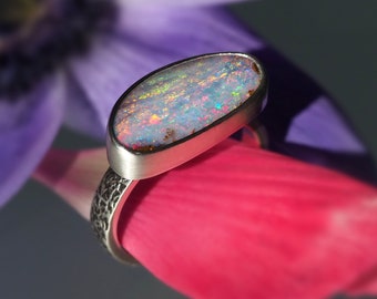 Size 7 Opal Ring - Sterling and Fine Silver Australian Boulder Opal ring - Opal promise ring - pastel dreamscape