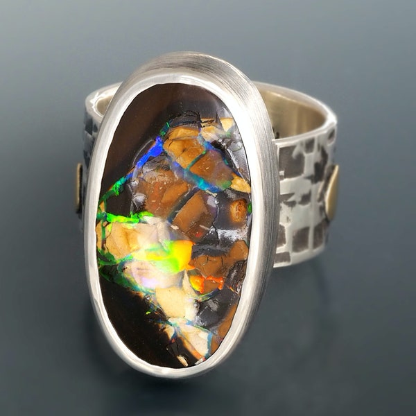 Silver Gold Opal Ring - Australian Opal Ring - Sterling 22K Koroit Boulder Opal Ring - Boulder Opal - wide band opal ring - size 8.75